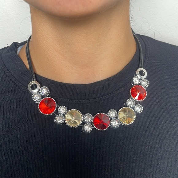 Stunning Red, Gold, and White Crystal Coker Necklace on leather strands - Picture 5 of 5